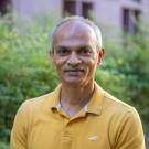Person smiling outdoors in a mustard-yellow polo shirt, short gray hair, greenery and building background.