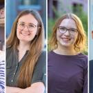 Four people smile in individual portraits, shown side by side in lab and outdoor settings.