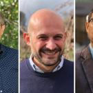 Three men standing outdoors in separate settings, arranged side by side in a composite image. The man on the left wears glasses and a navy blue polka dot shirt. The man in the center is bald, smiling, and wears a dark sweater over a collared shirt. The man on the right wears glasses, a blue button-up shirt, and a gray blazer.